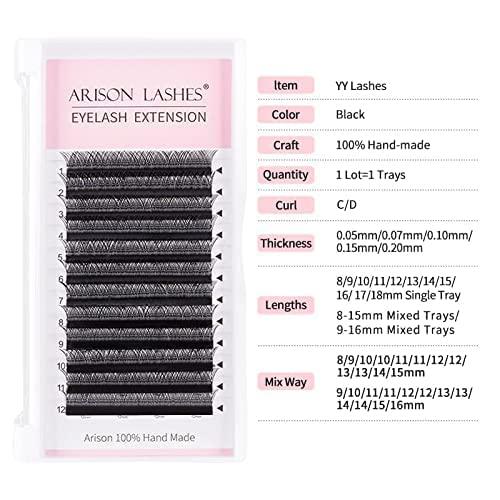 Arison Lashes 5D W Shape Eyelash Extension Natural Soft Volume Premade Fans Faux Mink Matte Black Cluster 12 rows(5DW-0.07-D-10mm)