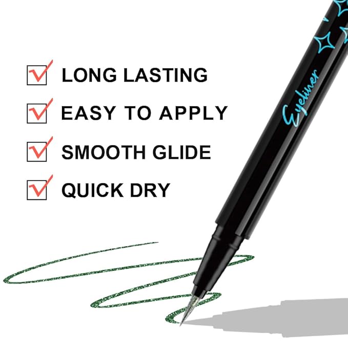 2PCS Metallic Glitter Coloured Liquid Eyeliner Pens Set03 – Waterproof Mark Emerald or Purple Long-Lasting Sparkly Eye Makeup – Tattoo-Effect Ink Liners for Women & Men, Delineador Líquido con Brillo