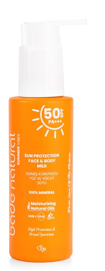 Bade Natural Mineral Sunscreen Milk SPF 50 – Broad Spectrum UVA/UVB Protection for Face & Body with Zinc Oxide, Calendula Oil & Vitamin B5 – 3.38 fl oz