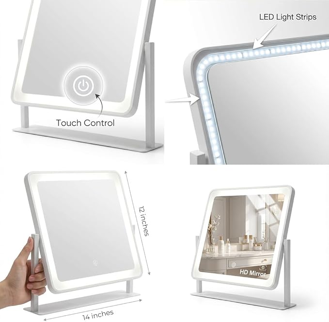 Vanity Mirror with Lights, 14"×12" Makeup Mirror with Lights, LED Makeup Mirror, Smart Touch with 3 Color Lighting Modes, Brightness Adjustable, for Bedroom Tabletop - White