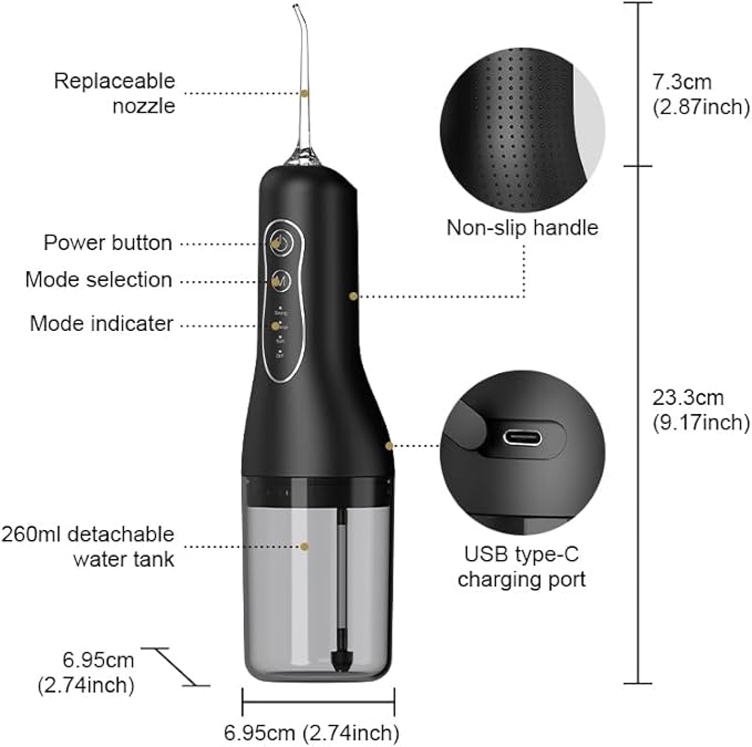MAIDUOO Portable Water Flosser with 4 Modes & Nozzles, 260ml Leak-Proof Tank, IPX7 Waterproof, 30-Day Battery - Ideal for Family, Travel & Sensitive Gums,Black