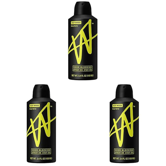 W By Jake Paul Body Spray for Men, Odor Blocking, Body Deodorant, Long Lasting Protection, Deep Woods, 3.4 fl oz (Pack of 3)