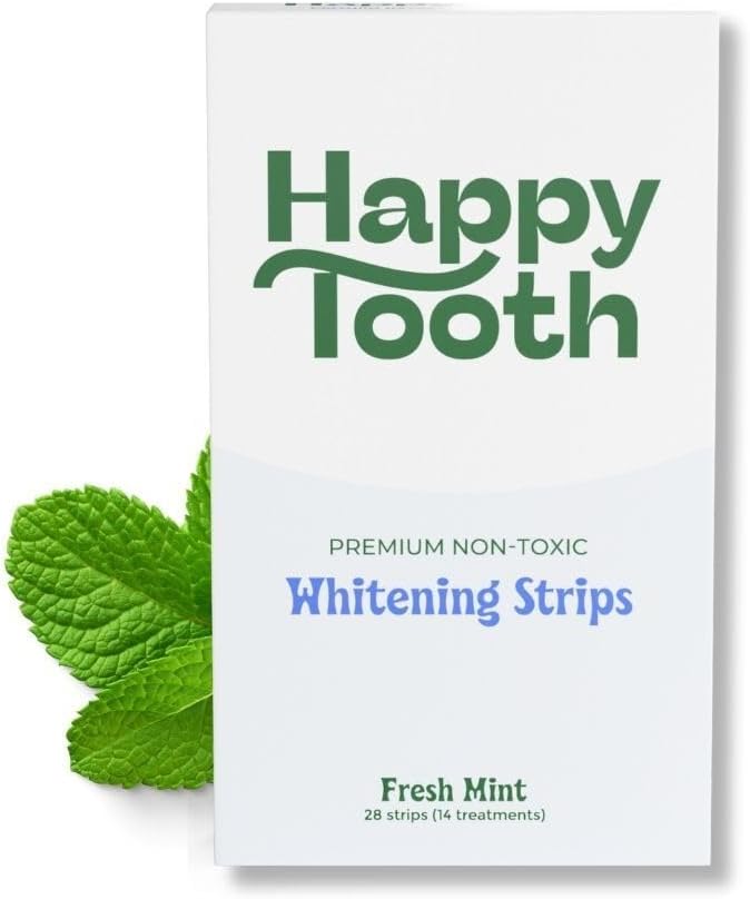 Happy Tooth Natural Teeth Whitening Kit, Strips for Sensitive Teeth, Enamel Safe, Dentist Formulated, Fluoride Free, Natural Ingredients, Gentle Daily Use, 28 Strips, 14 Treatments, Fresh Mint Flavor