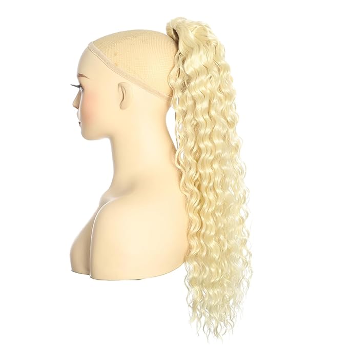 Deep Wave Ponytail Extension for Women 24 Inch 613# Curly Wavy Ponytail Hair Extensions Drawstring with Clips Short Synthetic Hairpiece for Daily and Party