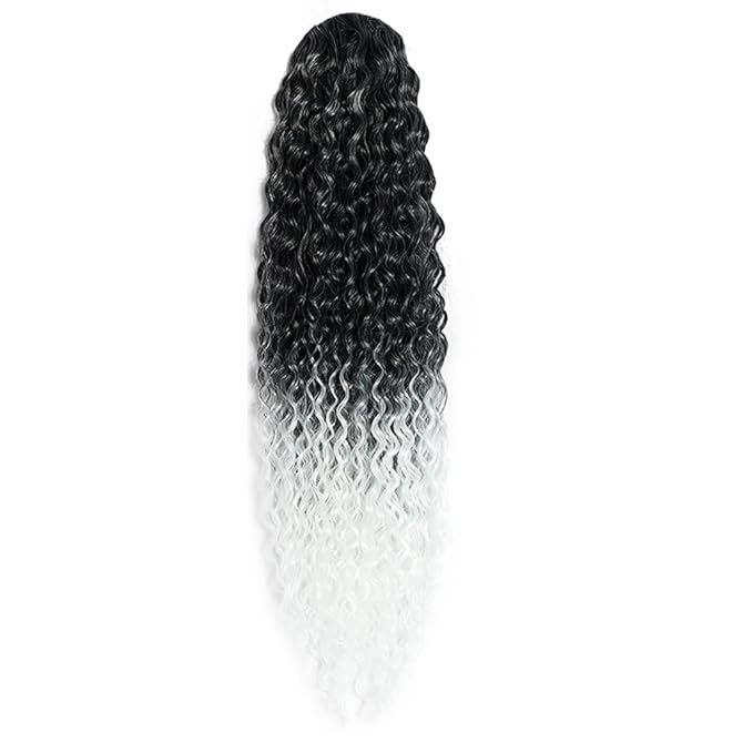 Deep Wave Ponytail Extension for Women 12 Inch Black to White Curly Wavy Ponytail Hair Extensions Drawstring with Clips Short Synthetic Hairpiece for Daily and Party