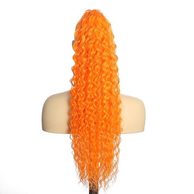 Deep Wave Ponytail Extension for Women 24 Inch Orange Curly Wavy Ponytail Hair Extensions Drawstring with Clips Short Synthetic Hairpiece for Daily and Party