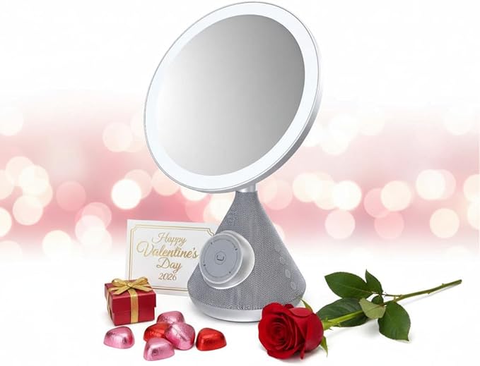 UNNO Vanity Mirror with 15W Wireless Charger and Speaker, LED Lighted Makeup Mirror, 3 Lighting Modes, Adjustable Brightness