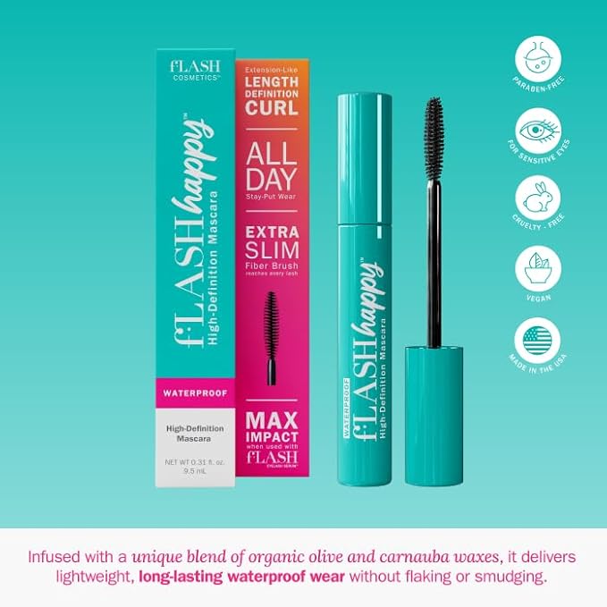 fLASH Happy High-Definition Mascara with Ultra-slim Brush for Length, Volume, Curl - All Day Wear, Clean Vegan Formula, Paraben-free (True Black)