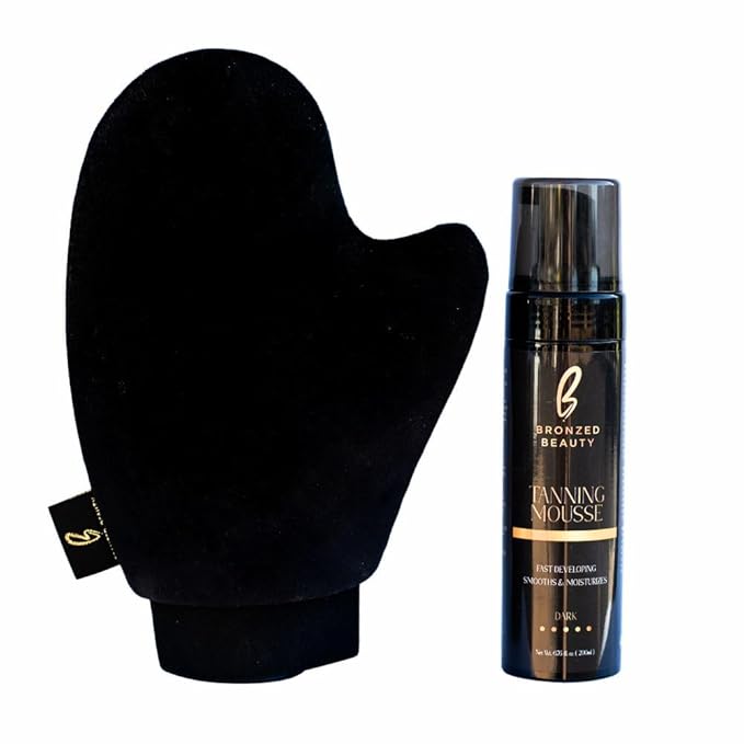 Bronzed Beauty Dark Tanning Mousse Kit – 6.7fl oz Self-Tanning Mousse with Mitt Bundle – Deep Natural Bronze Shade – Stain-Free, Even Application – Nourishing Self Tanner with Vitamin E and Aloe Vera