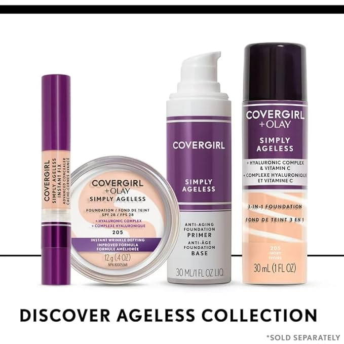 COVERGIRL & Olay Simply Ageless 3-in-1 Liquid Foundation, Matte Finish, Hyaluronic & Vitamin C Formula, 200 Fair Ivory, 1 Count