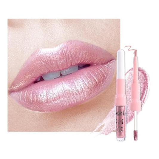 evpct Light Pink Metallic Glitter Lip Liner and Lipstick Combo Lip Gloss Stain Set Makeup for Women Long Lasting Waterproof 24, Light Voilet Frosted Metallic Shimmer Glossy Iridescent Liquid Lipstick