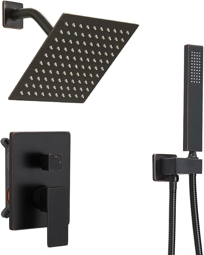 annazom Oil Rubbed Bronze rain Shower Faucet Set Shower System 8 Inches Square Shower Head with Handheld, Waterfall Showerhead, All Metal Shower Faucet Trim Repair Kits (Contain Shower Valve)