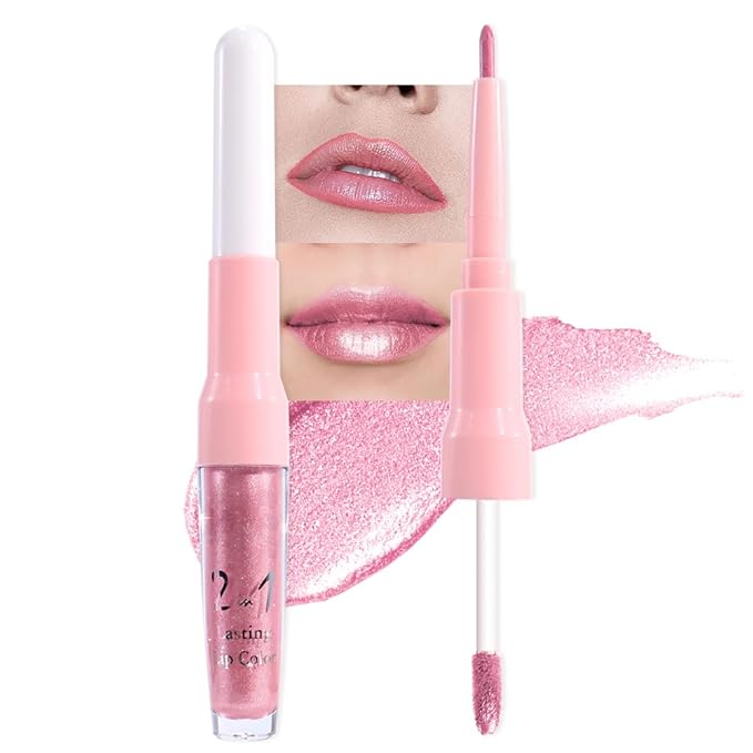 evpct Nude Pink Metallic Glitter Lip Liner and Lipstick Combo Lip Gloss Stain Set Makeup for Women Long Lasting Waterproof 24, Baby Pink Metallic Shimmer Frosted Iridescent Glossy Liquid Lipstick 19