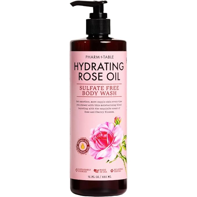 PHARM TO TABLE Hydrating Rose Oil Body Wash for Women and Men - Hydrates and Brightens the Skin, Sulfate Free, 100% Cruelty Free, 480ml