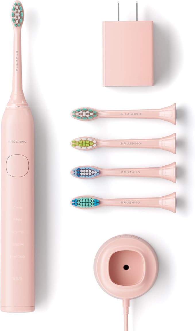 Brushmo Super Sonic Electric Toothbrush with 4 Replacement Heads - Rechargeable Electronic Tooth Brush for Adults with 5 Customizable Modes - IPX7 Waterproof & Long-Lasting Battery – Nova Pink