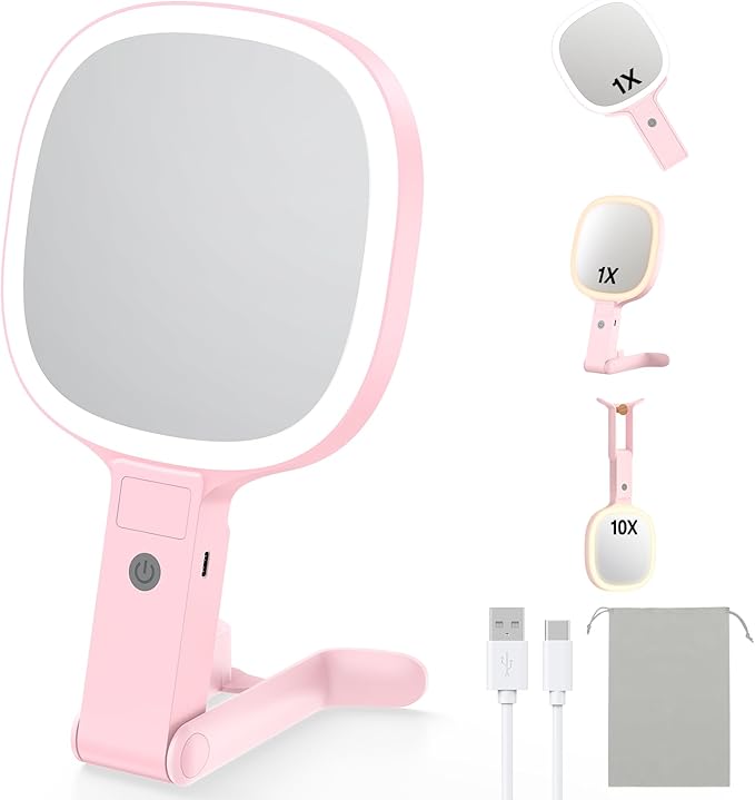 Gospire 6.8" Travel Vanity Mirror, 3-in-1 Hanging/Handheld/Desktop Use with Dual-Side Buttons, 1X/10X Magnification, 3-Color Dimmable LED, Auto Memory + Velvet Pouch (Pink)