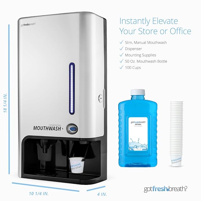 GotFreshBreath Commercial Mouthwash Dispenser with Cup Holder – Standing or Wall-Mounted, Slim, Commercial Mouthwash Dispenser with 100 Cups & 50 Oz. Alcohol-Free Mouthwash (Nickel)…