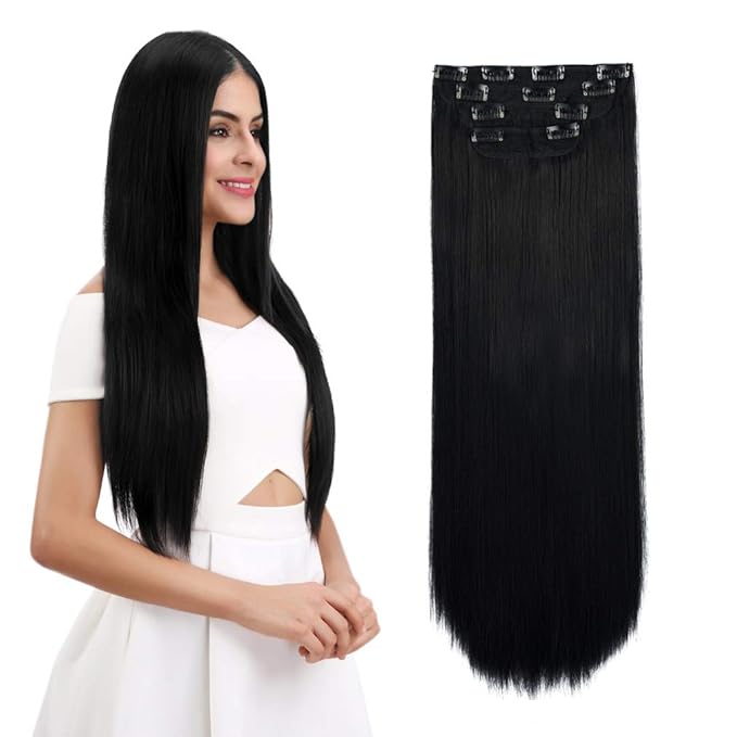 REECHO Multi-Length 12" 14" 16" Long Straight 4 PCS Set Thick Clip in on Hair Extensions Natural Black