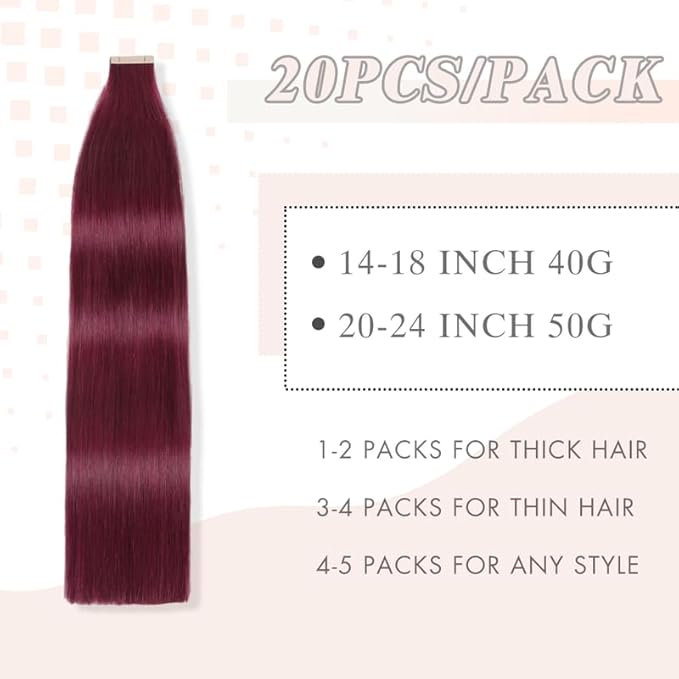 Tape in Hair Extensions Human Hair 18 Inch Burgundy Human Hair Wine Red 99J Invisible Double Sided Tape in Hair Seamless Skin Weft Hair (#A99J,18 Inch)