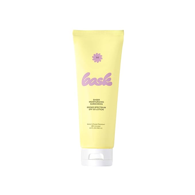 Bask Suncare SPF 50 Sheer Moisturizing Sunscreen Lotion - Broad Spectrum UVA/UVB Protection, Dermatologist Recommended, Hydrating, Lightweight & Non-Greasy, No White Cast, Travel Size, 3.4 fl oz