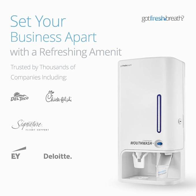 GotFreshBreath Commercial Mouthwash Dispenser with Cup Holder – Standing or Wall-Mounted, Slim, Commercial Mouthwash Dispenser with 100 Cups & 50 Oz. Alcohol-Free Mouthwash (White)