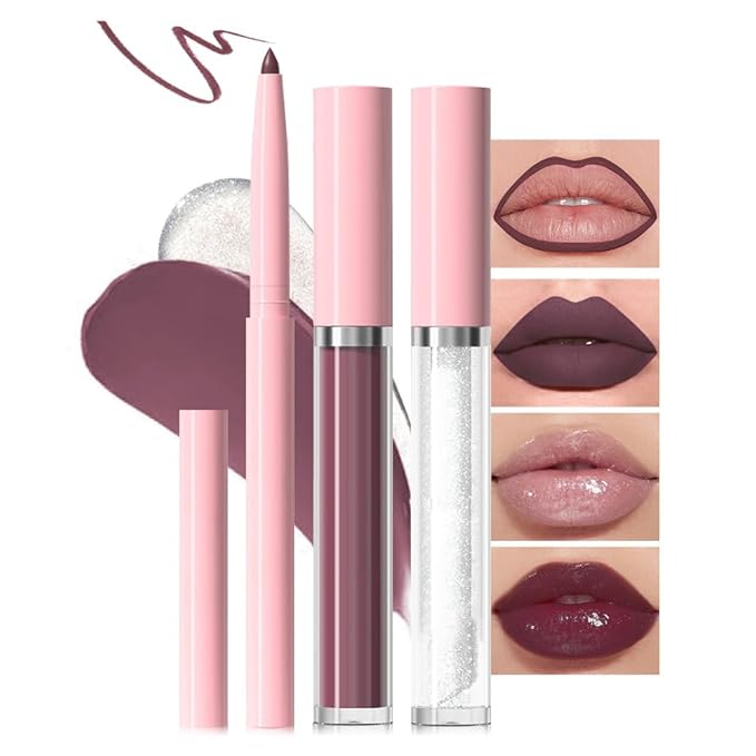 3-in-1Pink Nude Matte Lip Stain Kit | Waterproof Lip Liner + Hydrating Matte Lip Gloss + Nourishing Lip Oil | Long Lasting Plumping to Create Perfect Lip Makeup.06#