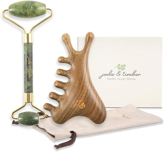 jade & timber Jade Roller & Green Sandalwood Gua Sha Set – Facial & Body Massage Tools for Lymphatic Drainage & Sculpting - Self Care Gift