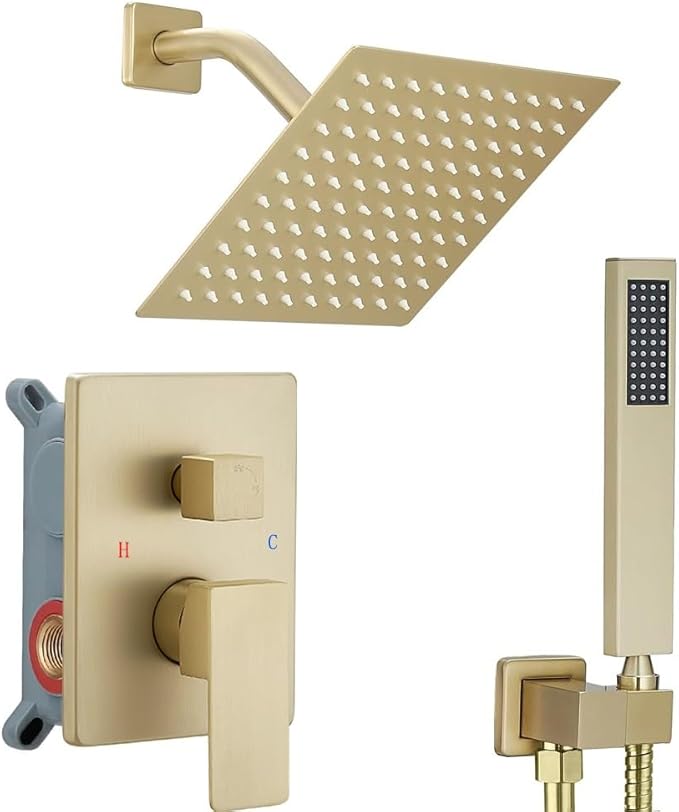 annazom Brushed Gold Shower System 8 Inch Bathroom Luxury Rain Mixer Shower Combo Set Wall Mounted Rainfall Shower Head and Handheld System Shower Faucet Set Rough-in Valve Body and Trim Included