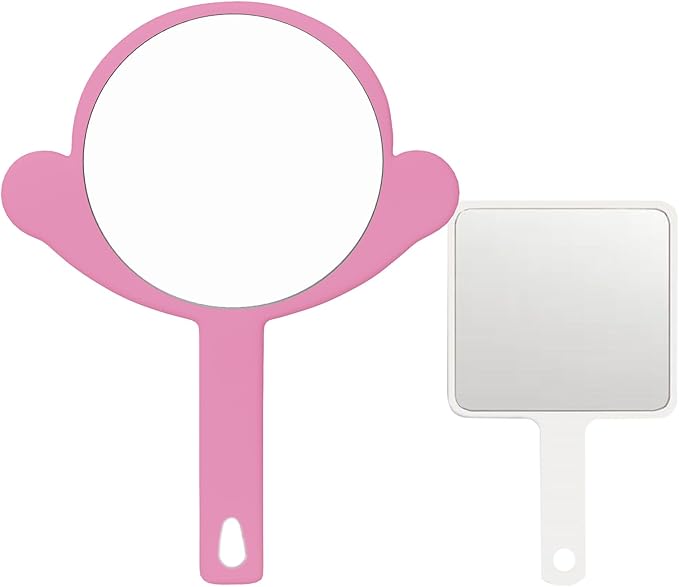 Hand Mirror, 2 Pcs Big + Small Compact Hand Mirrors with Handle, Salon Hairdressing Bathroom Barber & Makeup, Travel, Pocket-Sized Mirror, Hanging, Handheld Mirror (Pink, 7.09" Lx 9.06" W)