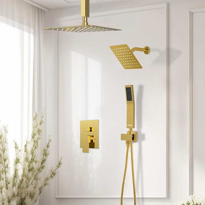 Brushed Gold Shower System, STARBATH 12+6" Rain Shower Head and Handle Set Ceiling Mount, Rainfall Shower Faucet Set Complete with 3 Way Shower Valve with 5 Diverter and Trim Kit