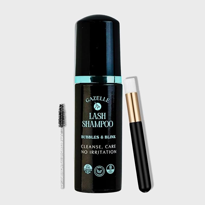 Gazelle Eyelash Shampoo with Brush – 60ml Plant-Based Eyelash Extension Cleanser, Gentle Foaming Lash Cleaning Kit Removes Makeup, Dirt & Oil – No Irritation, No Burning – Salon & Home Use