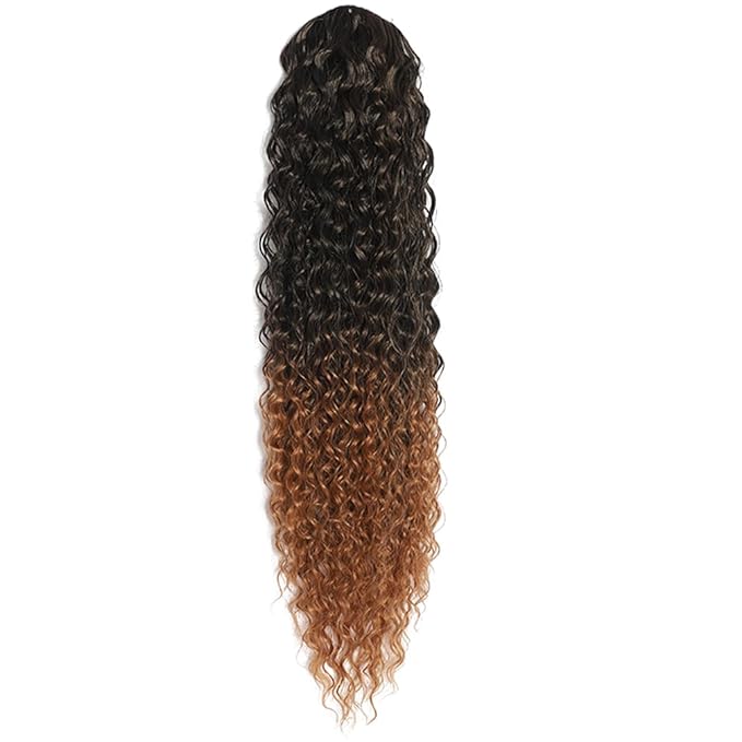 Deep Wave Ponytail Extension for Women 24 Inch Black to Brown Curly Wavy Ponytail Hair Extensions Drawstring with Clips Short Synthetic Hairpiece for Daily and Party