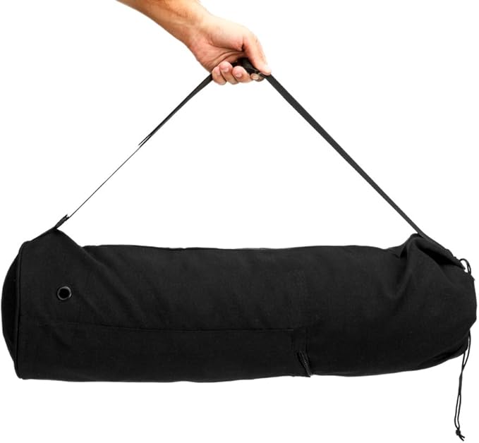 Masaya Namaste Large Yoga Mat Bag - Fits Exercise Mats, Drawstring Carrier for Men Women, Long Breathable Canvas Sling, Deep Front Pocket Zipper, Secret Storage, Adjustable Shoulder Strap