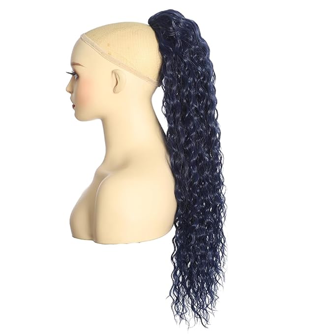 Deep Wave Ponytail Extension for Women 12 Inch Dark Blue Curly Wavy Ponytail Hair Extensions Drawstring with Clips Short Synthetic Hairpiece for Daily and Party