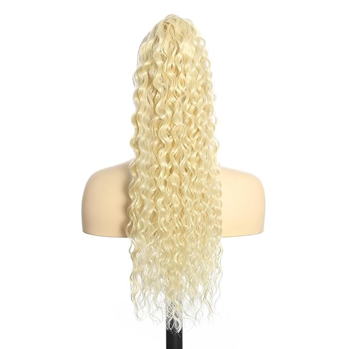 Deep Wave Ponytail Extension for Women 12 Inch 613# Curly Wavy Ponytail Hair Extensions Drawstring with Clips Short Synthetic Hairpiece for Daily and Party