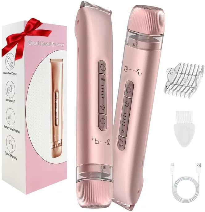 Bikini Trimmer for Women, 2 in 1 Electric Razors for Women, Bikini Shaver with Dual Heads, Body and Facial Hair Removal, IPX7 Waterproof Wet & Dry Use, for Face Chin Pubic Underarm Legs