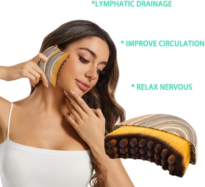 Lymphatic Contour Face Brush- Dry Drainage Facial and Neck Massage Brusher with Gua Sha Tool, Soft Bristle Massager Gift for Women and Girls (Brown)
