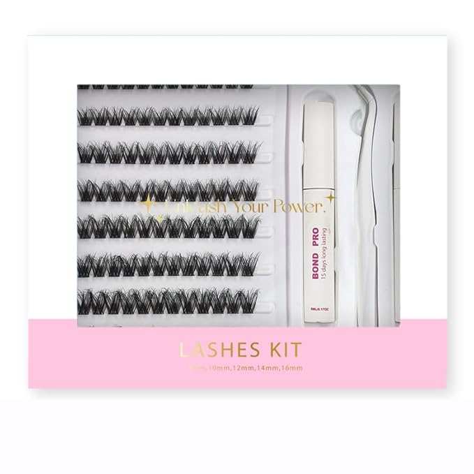 Lash Extension Kit DIY Lash Clusters 10-16mm 96pcs Individual Lashes Clusters Soft Thin Band Natural Volume Eyelash Extension with Lash Bond and Remover, Lash Tweezers for Self Use 30#