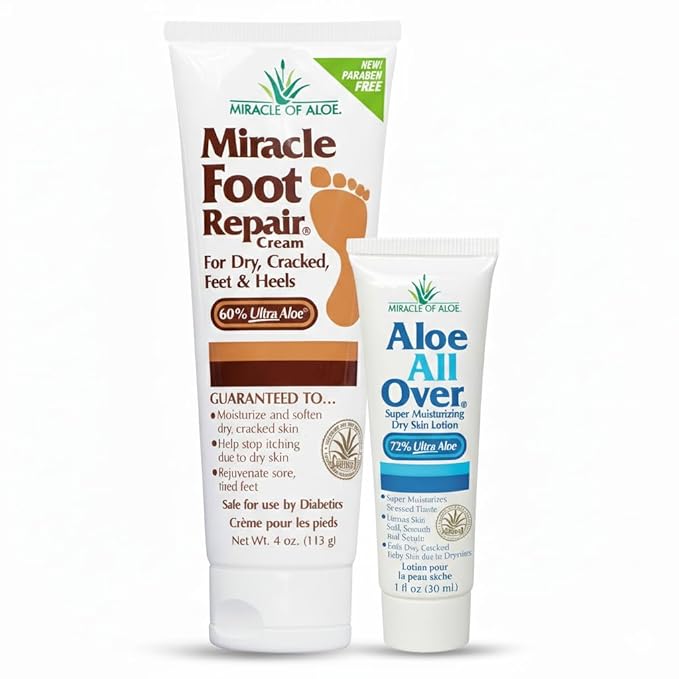 Aloe Vera Lotion & Foot Cream Combo – Aloe All Over 1 oz + Foot Repair 4 oz – Soothing Aloe Lotion for Dry Skin, Hands, Heels & Body – Diabetic-Safe Foot Cream for Cracked Feet