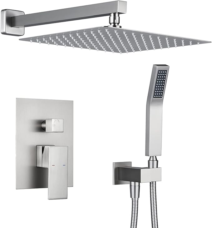 Artiqua Rain Shower System 12 Inches Shower Combo Set Brushed Nickel Wall Mount Faucet Bathroom Faucets with Rainfall Shower Head and Hand Shower