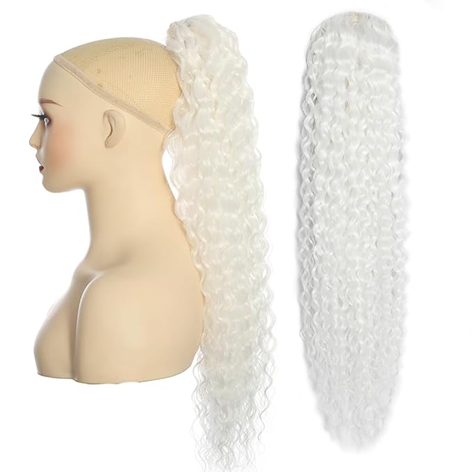 Deep Wave Ponytail Extension for Women 24 Inch White Curly Wavy Ponytail Hair Extensions Drawstring with Clips Short Synthetic Hairpiece for Daily and Party