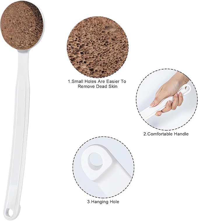 Curved Handle -13.7" Pumice Stone - Ergonomic Non-Slip Foot Scrubber for Shower - Easy Reach Callus Remover & Pedicure Tool for Cracked Heels & Smooth Feet
