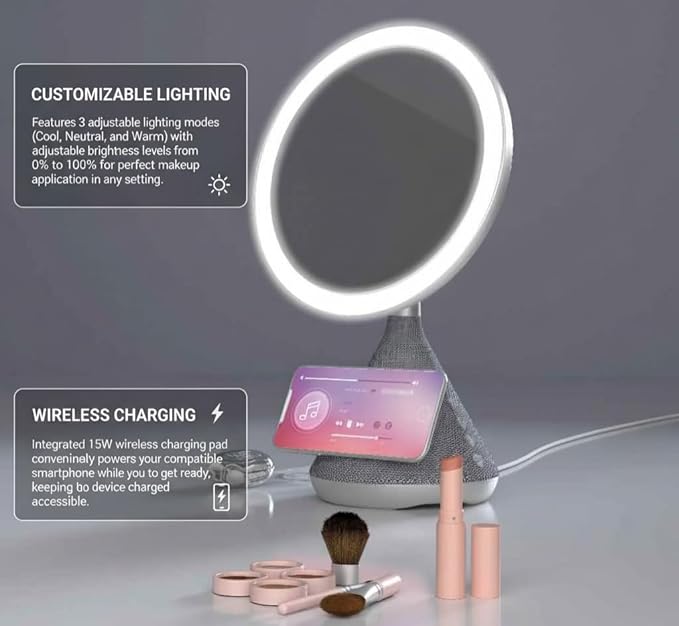 UNNO Vanity Mirror with 15W Wireless Charger and Speaker, LED Lighted Makeup Mirror, 3 Lighting Modes, Adjustable Brightness