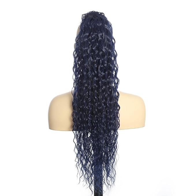 Deep Wave Ponytail Extension for Women 24 Inch Dark Blue Curly Wavy Ponytail Hair Extensions Drawstring with Clips Short Synthetic Hairpiece for Daily and Party