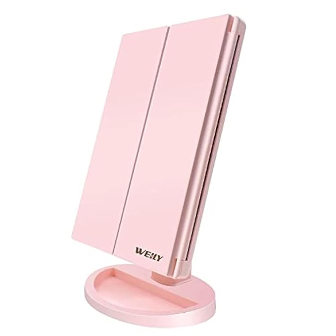 WEILY Makeup Mirror with 21 LED Lights,Two Power Supply Modes, Adjustable Touch Screen and 1x/2x/3x Magnification Tri-Fold Vanity Mirror, Chargeable Travel Cosmetic Mirror for Desktop (Pink)