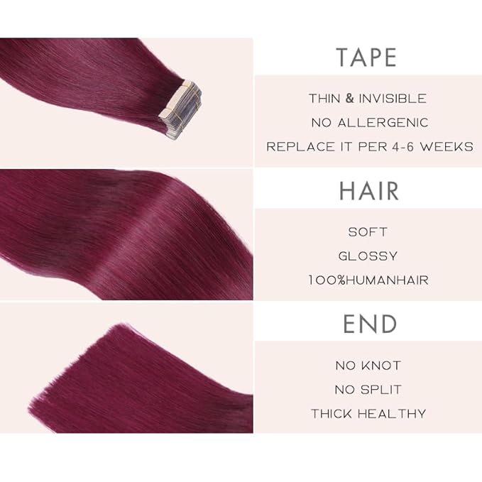 Tape in Hair Extensions Human Hair 18 Inch Burgundy Human Hair Wine Red 99J Invisible Double Sided Tape in Hair Seamless Skin Weft Hair (#A99J,18 Inch)