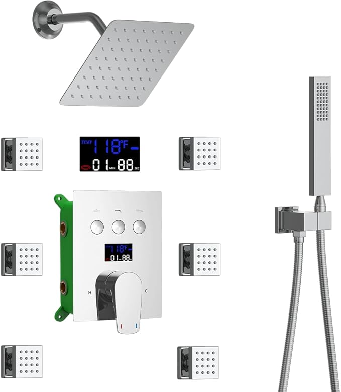HONGTONGSOWER Bathroom Rainfall Shower System Wall Mount 8 Inch Shower Head With Handled Spray 6 Pcs jets Temperature Display Shower Faucet Set (Chrome)