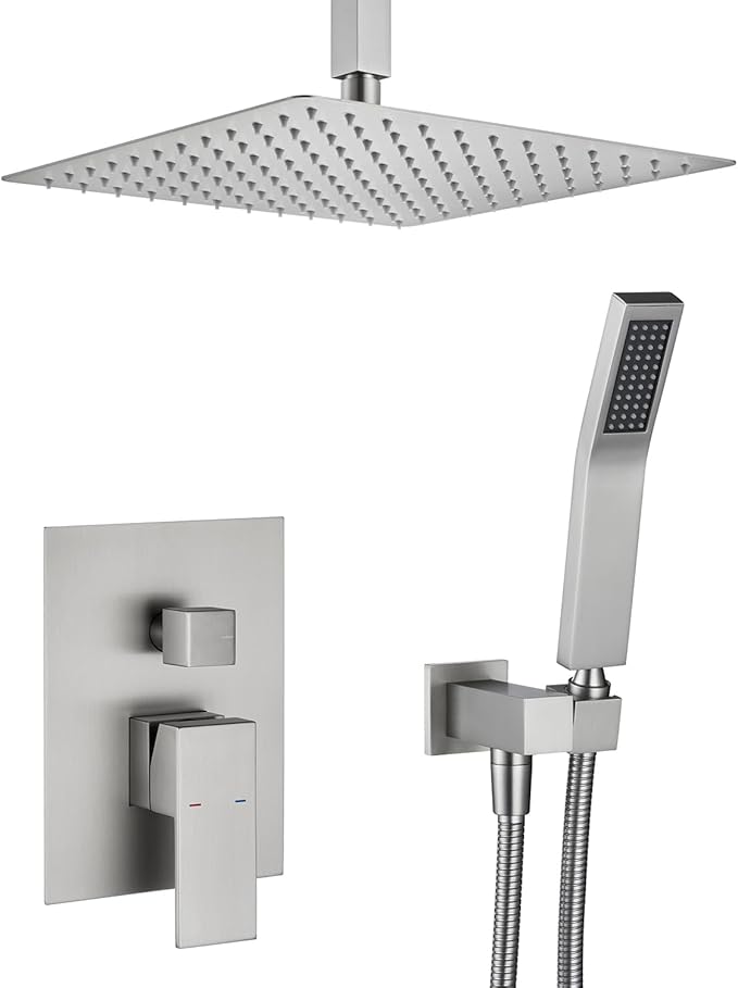 Artiqua Shower System 12 Inches Rain Shower Combo Set Brushed Nickel Ceiling Mount Shower Faucet Bathroom Faucets with Rainfall Shower Head and Hand Shower