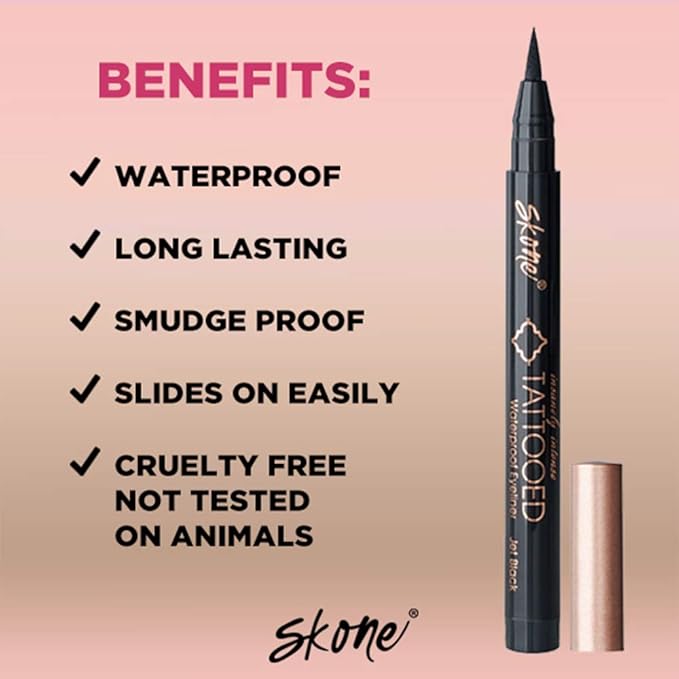 Skone Cosmetics Insanely Intense Tattooed Eyeliner Pen - 5-piece Set - Waterproof Liquid Eyeliner, Long-Lasting, Sweat Proof, Smudge Proof Liquid Eyeliner - Jet Black (with FREE Travel Size mini)