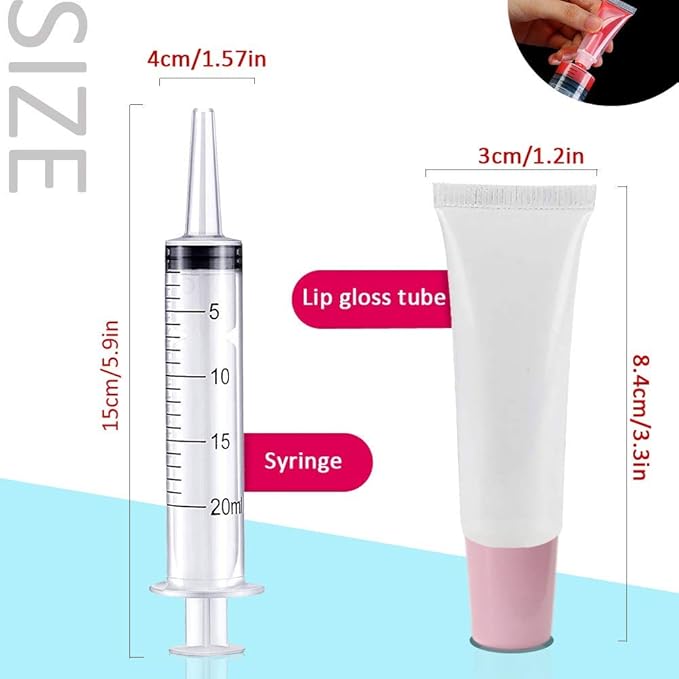 AMORIX 50PCS Lip Gloss Tubes Empty 10ml Pink Cap Lip Gloss Containers Lip Balm Tubes Cute Squeeze Tubes Lipgloss Making Supplies + 2 x 20ml Syringes Tag Labels for Lip Gloss Base